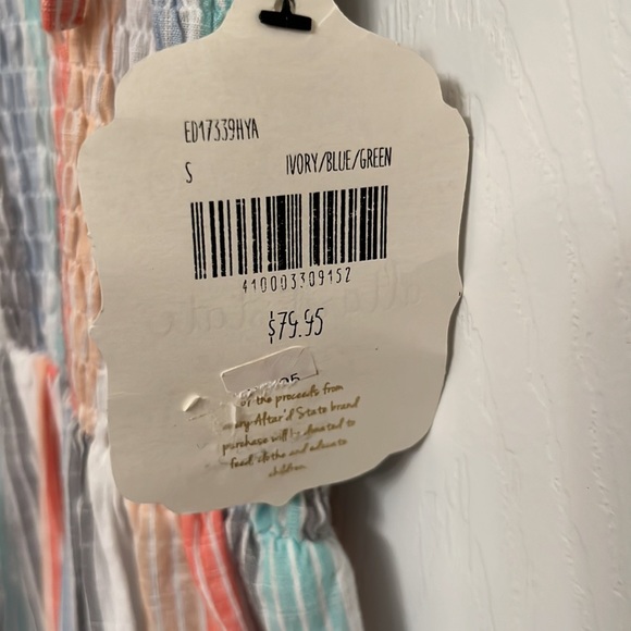 NEW Altar’d State Ivory Blue Green Stripe Smocked Maxi Dress Elastic Waist Small - Picture 6 of 10